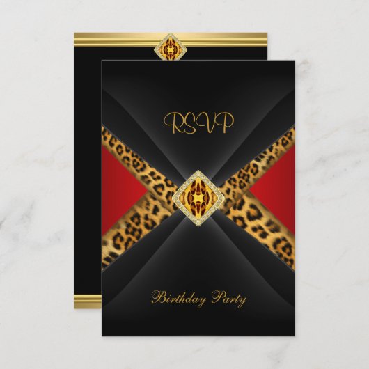 RSVP誕生日レッド金ゴールドブラックレオパードジュエル 出欠カード (正面/裏面)