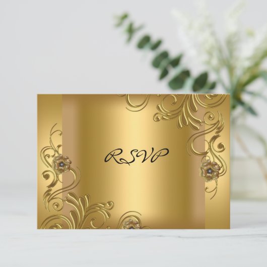 RSVP誕生日会金ゴールドエレガント金ゴールドフローラ2 出欠カード (スタンド正面)