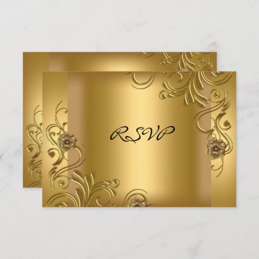 RSVP誕生日会金ゴールドエレガント金ゴールドフローラ2 出欠カード (正面/裏面)