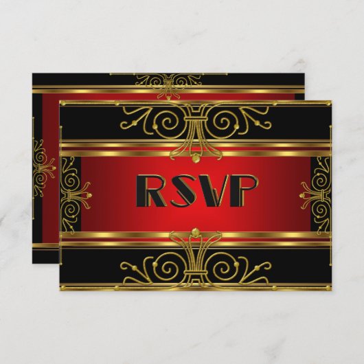 RSVP赤エレガント黒金ゴールドアールデコ 出欠カード (正面/裏面)