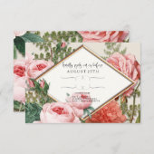 RSVP赤面バラ金ゴールドロマンチックかわいらしピンクの花 出欠カード (正面/裏面)