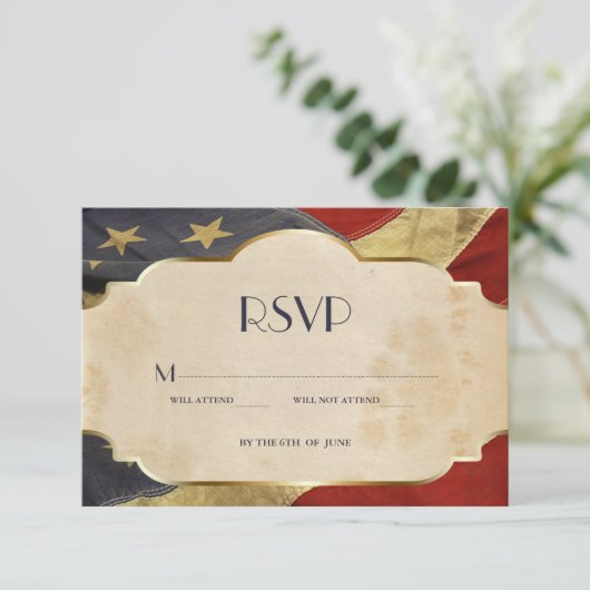 RSVP軍隊結婚愛国的ヴィンテージ国旗 出欠カード (スタンド正面)