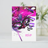 RSVP返信の返信パーティー誕生日マスク白ピンク 出欠カード (スタンド正面)