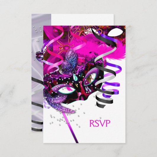 RSVP返信の返信パーティー誕生日マスク白ピンク 出欠カード (正面/裏面)