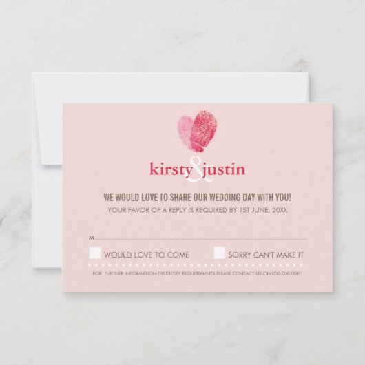 RSVP返信カードかわいい指紋ハートカップルピンク 出欠カード (裏面)