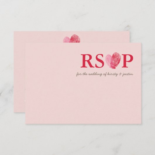 RSVP返信カードかわいい指紋ハートカップルピンク 出欠カード (正面/裏面)