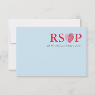 RSVP返信カードかわいい指紋ハートカップル青 出欠カード
