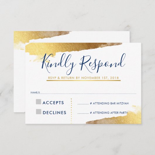 RSVP返信カードギルド金ゴールドネイビーブルー 出欠カード (正面/裏面)