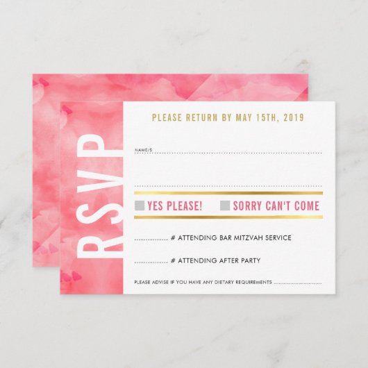 RSVP返信カード ボールド ブロック モダン コーラルピンク ゴールド 出欠カード (正面/裏面)