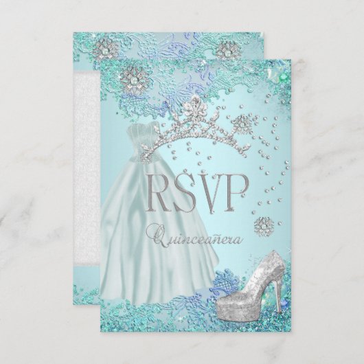 RSVP返信キンセアニェラソフトティール(緑がかった色)ティアラドレスシューズ 出欠カード (正面/裏面)