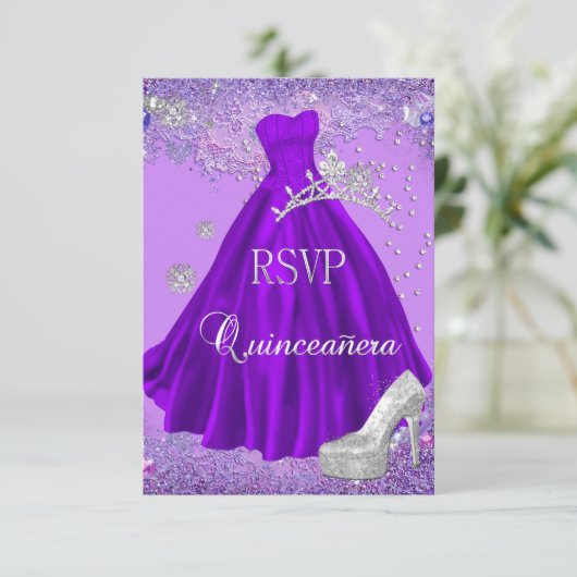RSVP返信キンセアニェラパープルティアラドレスシューズ 出欠カード (スタンド正面)