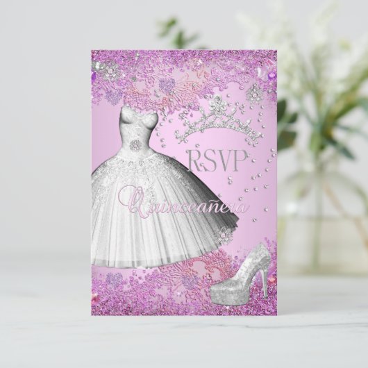 RSVP返信キンセアニェラピンクティアラドレスシューズ 出欠カード (スタンド正面)