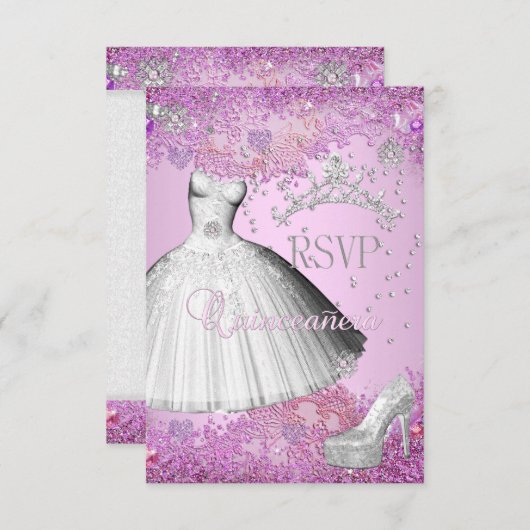 RSVP返信キンセアニェラピンクティアラドレスシューズ 出欠カード (正面/裏面)