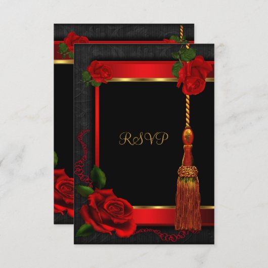 RSVP返信バースデーパーティレッドローズ金ゴールドブラック 出欠カード (正面/裏面)