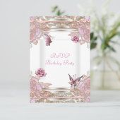 RSVP返信パーティーピンクローズホワイトバタフライ 出欠カード (スタンド正面)