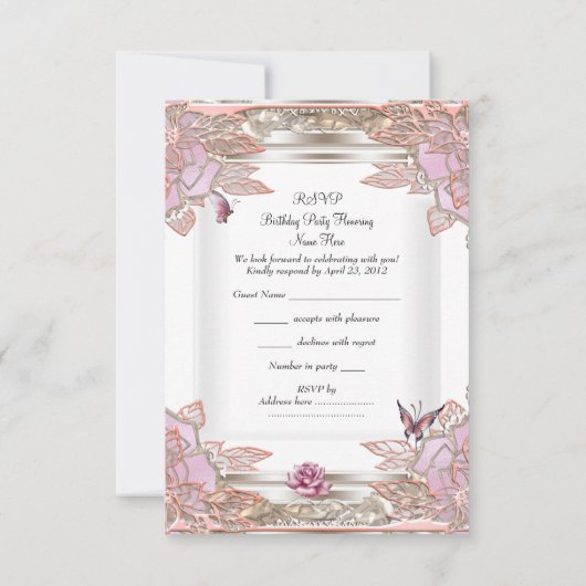 RSVP返信パーティーピンクローズホワイトバタフライ 出欠カード (裏面)