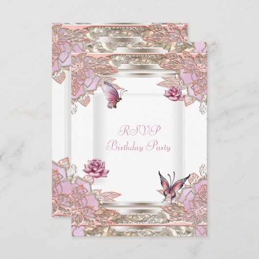 RSVP返信パーティーピンクローズホワイトバタフライ 出欠カード (正面/裏面)