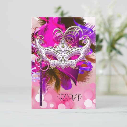 RSVP返信マスクブラックパープルピンクマルディグラ 出欠カード (スタンド正面)
