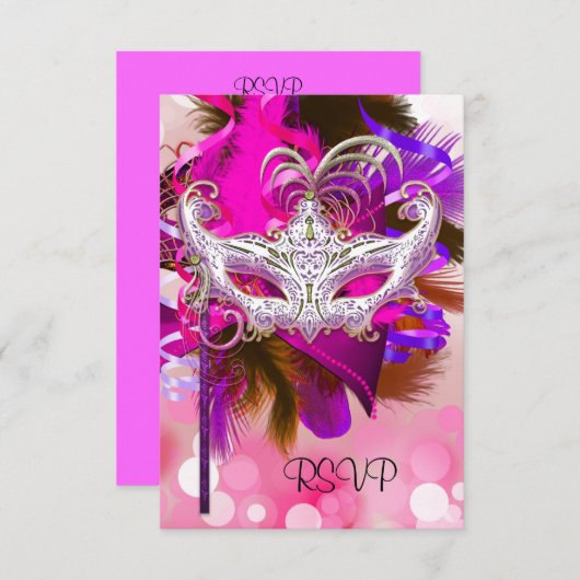 RSVP返信マスクブラックパープルピンクマルディグラ 出欠カード (正面/裏面)