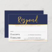 RSVP返信モダンシンプルネイビー青金ゴールド 出欠カード (正面/裏面)