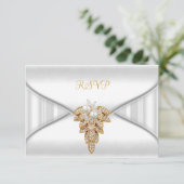 RSVP返信応答の白エレガント金ゴールド宝石 招待状 (スタンド正面)