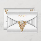 RSVP返信応答の白エレガント金ゴールド宝石 招待状 (正面/裏面)