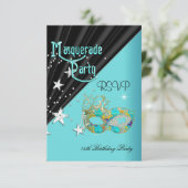 RSVP返信応答の誕生日パーティティール(緑がかった色)金ゴールドマスク 出欠カード (スタンド正面)