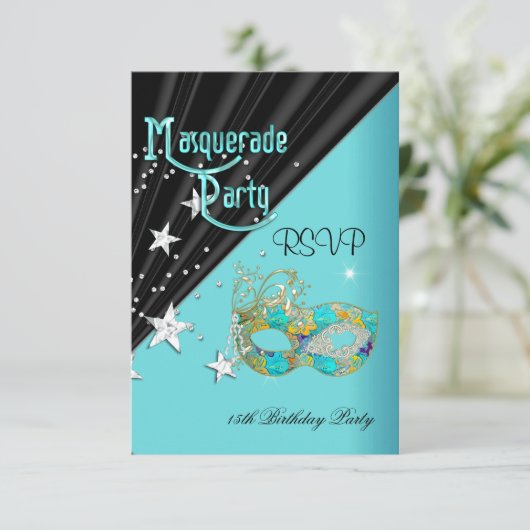 RSVP返信応答の誕生日パーティティール(緑がかった色)金ゴールドマスク 出欠カード (スタンド正面)