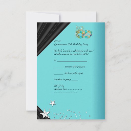 RSVP返信応答の誕生日パーティティール(緑がかった色)金ゴールドマスク 出欠カード (裏面)