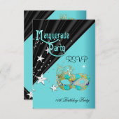 RSVP返信応答の誕生日パーティティール(緑がかった色)金ゴールドマスク 出欠カード (正面/裏面)