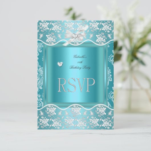 RSVP返信応答の青かわいらしいホワイトレース 出欠カード (スタンド正面)