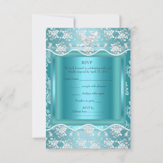 RSVP返信応答の青かわいらしいホワイトレース 出欠カード (裏面)