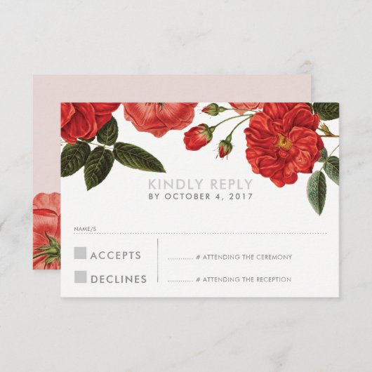 RSVP返信応答シックな赤いバラのフローラ花 出欠カード (正面/裏面)
