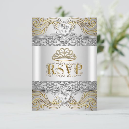 RSVP返信応答シルバーホワイト金ゴールドキンセアニェラ 出欠カード (スタンド正面)