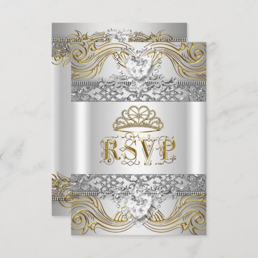 RSVP返信応答シルバーホワイト金ゴールドキンセアニェラ 出欠カード (正面/裏面)