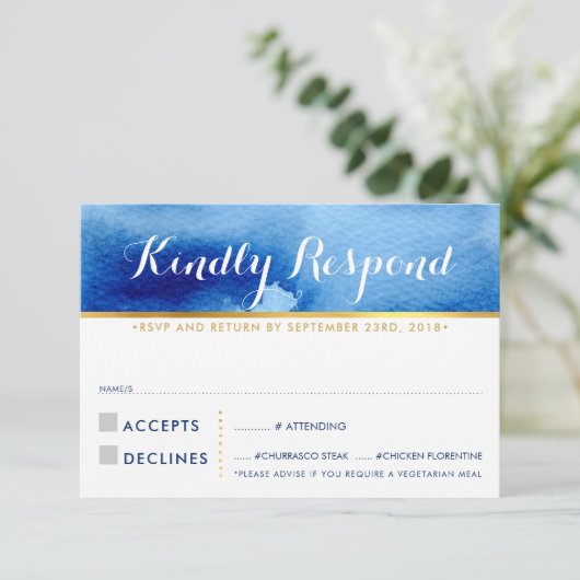 RSVP返信応答スタイリッシュ青色 出欠カード (スタンド正面)