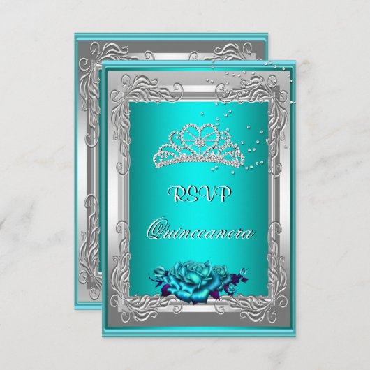 RSVP返信応答ティール（緑がかった色）シルバーバラキンセアニェラ 出欠カード (正面/裏面)