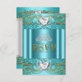 RSVP返信応答ティール(緑がかった色)ブルー金ゴールドキンセアニェラ 出欠カード (正面/裏面)