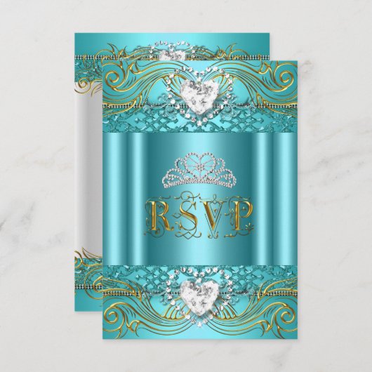 RSVP返信応答ティール（緑がかった色）ブルー金ゴールドキンセアニェラ 出欠カード (正面/裏面)