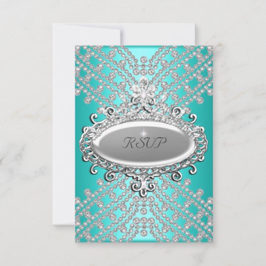 RSVP返信応答パーティーティール(緑がかった色)ブルーホワイトダイヤモンド 出欠カード (正面)