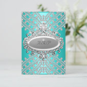 RSVP返信応答パーティーティール(緑がかった色)ブルーホワイトダイヤモンド 出欠カード (スタンド正面)