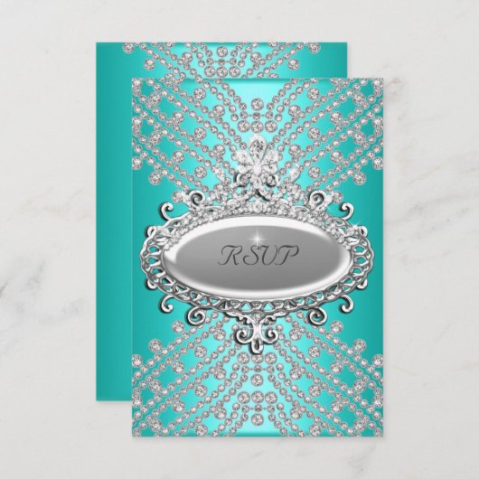 RSVP返信応答パーティーティール（緑がかった色）ブルーホワイトダイヤモンド 出欠カード (正面/裏面)