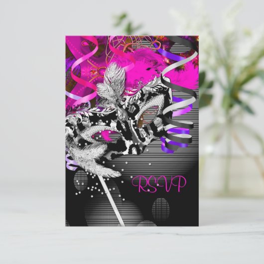 RSVP返信応答パーティーマスクシルバーピンク2 出欠カード (スタンド正面)