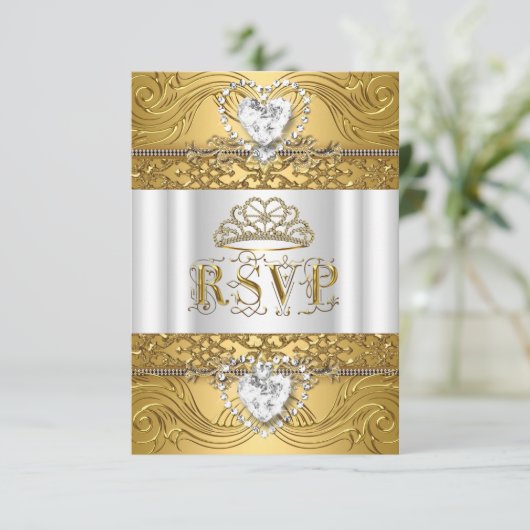 RSVP返信応答ホワイト金ゴールドキンセアニェラ 出欠カード (スタンド正面)