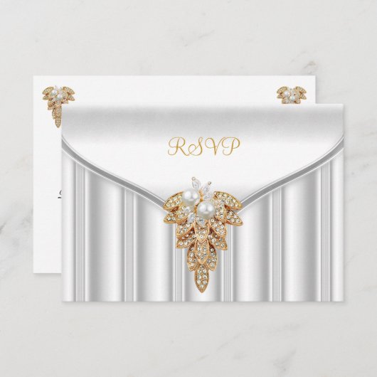 RSVP返信応答ホワエレガントイト金ゴールドパール 出欠カード (正面/裏面)