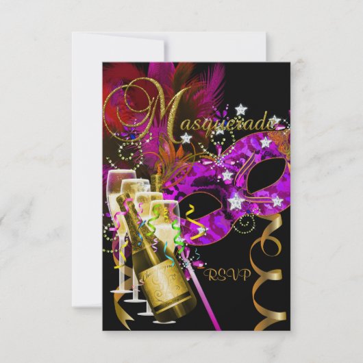 RSVP返信応答マスク黒金ゴールドピンク 出欠カード (正面)