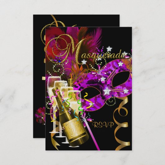 RSVP返信応答マスク黒金ゴールドピンク 出欠カード (正面/裏面)