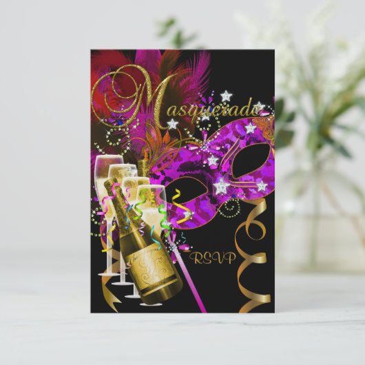 RSVP返信応答マスク黒金ゴールドピンク 出欠カード (スタンド正面)