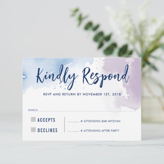 RSVP返信応答モダン青い紫色の水色 出欠カード (スタンド正面)