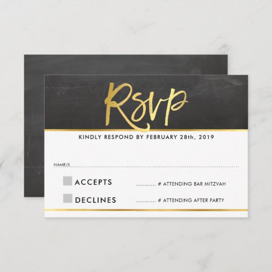 RSVP返信 モダン グレー 黒板 ゴールドの筆記 出欠カード (正面/裏面)